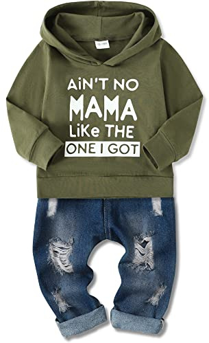 SOLOYEE Ensemble de Vêtements pour Bébés Garçons 1-5 Ans Sweat-shirt Imprimé Lettre pour Bébé Tenue Enfant Garçon à Manches Longues Sweat à Capuche Hauts Jeans Déchirés Vêtements Garçon 2 Pcs