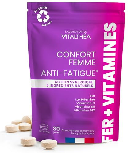 FER PREMIUM I Complément Alimentaire ANTI-FATIGUE I Bisglycinate 3x plus assimilable I Vitamines Minéraux : Fer, Vitamines C 80 MG + B12 B9 100% AR + Lactoferrine | France (30 unité (lot de1))