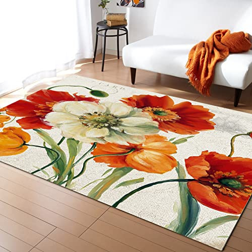 Teppich Schlafzimmer Weich Teppich Wohnzimmer Mohnblumen Tepich Moderne Küche Flur Bettvorleger Vintage Ölgemälde Blumen Kinderteppich rutschfest Waschbarer Teppich Innenbereich 200x300 cm