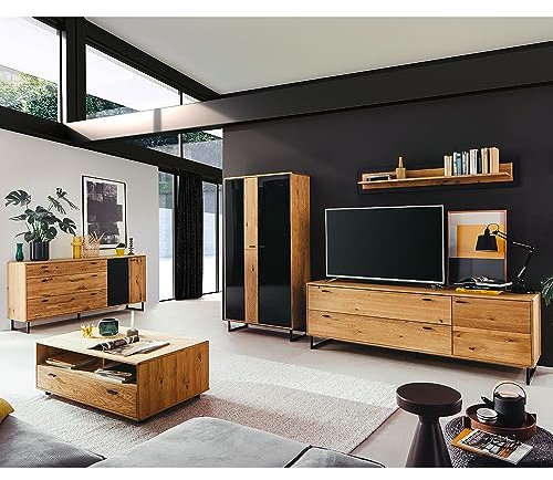 Lomadox Wohnwand Wohnzimmermöbel Set braun 5-teilig Wildeiche Teilmassiv | 1 Sideboard, 1 Vitrine, 1 TV-Lowboard, 1 Wandboard, 1 Couchtisch