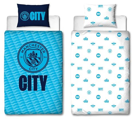 MANCHESTER CITY FC Character World Offizielles Bettwäsche-Set für Einzelbett, Crestcol-Design, wendbar, 2-seitig, Fußball-Bettwäsche, offizielles Merchandise-Produkt, inkl. passendem Kissenbezug