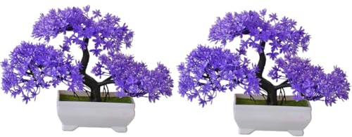 SameeHome 2 Stück Künstliche Bonsai-Pflanze Aus Kunststoff, Kleiner Baumtopf, Gefälschte Pflanze, Blumentopf, Ornamente für Zuhause, Tisch, Einfache Installation, Einfach zu Bedienen, Lila