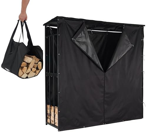 Lendo Online Kaminholzregal mit Dach + Schutzhülle + Tragetasche - Brennholzschuppen - Holzaufbewahrung wasserdicht - Brennholzregal - Holzregal - Kaminholzunterstand- Schwarz - Metall (180x60x180cm)