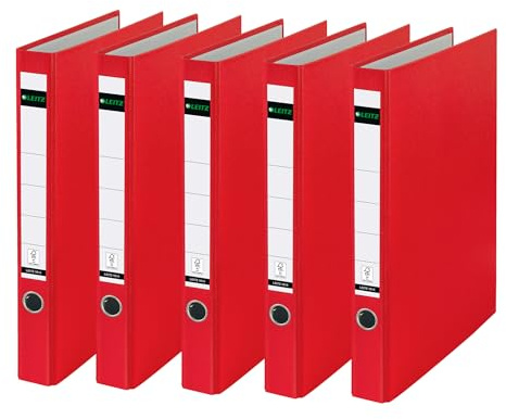 Leitz 10140025 Lot de 5 classeurs à anneaux en plastique sans fente, format A4, rouge, dos 3,5 cm, couverture plastifiée en polypropylène