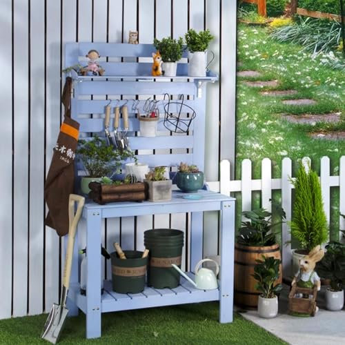 Pflanztisch aus Holz für Draußen, Pflanztische Und -bänke für Draußen mit Offenem Ablagefach, Gartentisch mit Hängender Rückwand, für Veranda, Terrasse, Hinterhof(Color:Blue,Size:75x45x165cm)