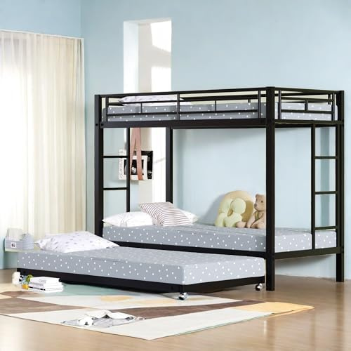 Sapgaks Etagenbett für Kinder, 90 x 200 cm, Hochbett mit Barriere, Treppe, Eisenstruktur, ausgestattet mit einem Ausziehbett, Schwarz