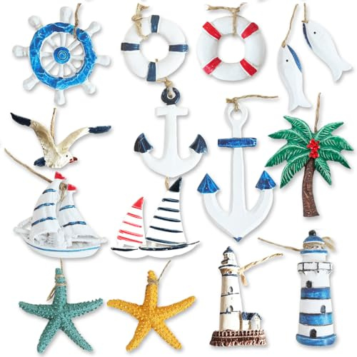 Daimay 14 adornos náuticos de resina en miniatura, kits de adornos de playa, mini ancla junto al mar, faro salvavidas, velero, modelo de paisaje de micropaisaje, decoración de acuario, terrarios,