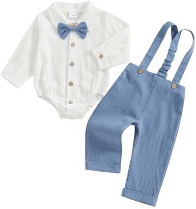 MAHUAOYIXI Infant Baby Boy Gentleman Suit 0-18M Long Sleeve Lapel Neck Button Up Rompers Shirts With Bow Tie and Solid Color Suspender Pants 2Pcs Set Clothes for Todder Boys (Blue, 12-18 Months)