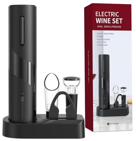 Sacacorchos Eléctrico Recargable con Base de Carga, Abridor de Vino Electrico 5 en 1 Juego Regalo Cumpleaños Abrebotellas con Vertedor Aireador, Tapón de Vino al Vacío, Cortador Láminas y cable USB
