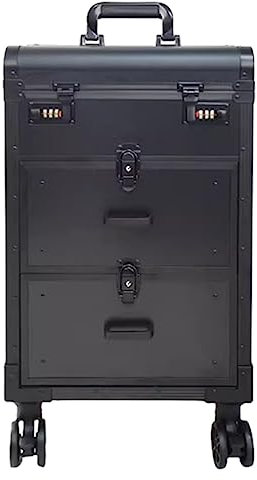 Luggage Cosmetic Cases,Professional Aluminum Alloy Large Capacity Cosmetic Case,Rolling Cosmetic Organizer Trolley, Double Drawer Tool Box, for Hairstylist (Black Combination Lock)