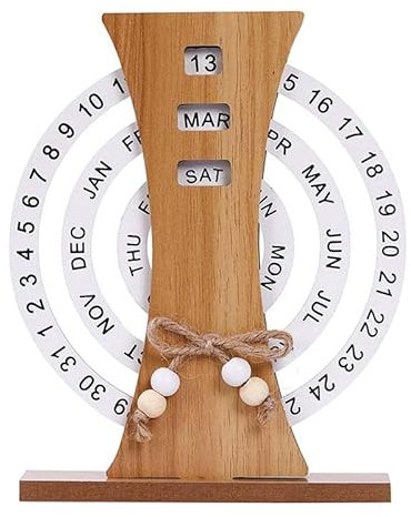 GAOCUNBING 2025 rotierender Ewiger Kalender, Ewiger Kalender mit Holzscheibe, Ewiger Mondkalender, rustikaler runder Kalender, Holz-Tischkalender für Zuhause und das Büro C