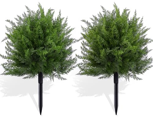 FAJUNZH Artificial Topiary Bushes for Outdoors with Spike, Boxwood Ball Fake Shrubs UV Resistant Faux Plants for Indoor Outdoor Fall Thanksgiving Halloween Decor (Cedar Topiary Ball Trees)