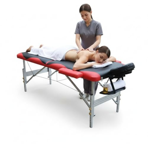 Mucola Massageliege Massagetisch 3 Zonen klappbar Schwarz/Rot Aluminium | höhenverstellbar, bis 250 kg belastbar, 5 cm dicke Polsterung, Kunstleder pflegeleicht, für Physiotherapie, inkl. Tragetasche