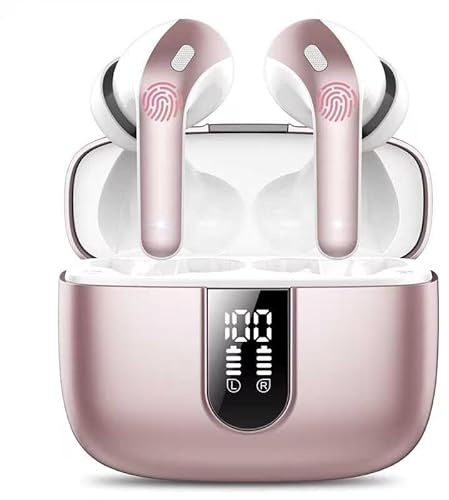 Ecouteurs Bluetooth sans Fil, Casque Bluetooth 5.3, 50 Heures Contrôle Tactile, 4 ENC Appel Réduction Antibruit Mic, Basses Profondes, Ajustement Confortable, IPX7 Étanche oreillette,Nouveau or rose