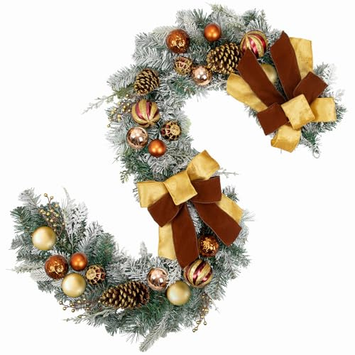 Weihnachtsgirlande für Weihnachten - Brauner Girlande mit Weihnachtskugeln, Beeren, Tannenzapfen und Schleife, Künstliche Girlande Weihnachtsdeko Wanddeko, 1,8 M