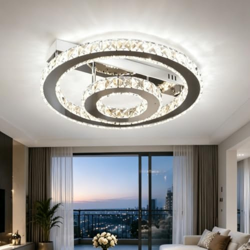 Moderne Kristall Kronleuchter 2-Ring LED Deckenleuchte 40cm für Wohnzimmer | 3 Lichtfarben Aufbauleuchte Schlafzimmer Flur Eingang Küche