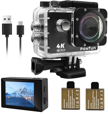 Poxfun Caméra Sport 4K, Imperméable Camera Sport 30M WiFi Caméra d'action Grand Angle de 170°USB Rechargeable, 2x1050mAh Batterie Idéal pour Les Sports Nautiques, Le Vélo, l'escalade et Le Ski