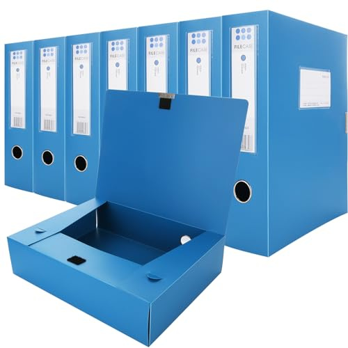 8 Pcs Plastic Filing Boxes, 75mm Box Files A4 with Ring Pull and Catch, Blue a4 Folder Boxes for Paperwork, Easy to Assemble Plastic A4 Folder Boxes for School Work Office Document Organisation