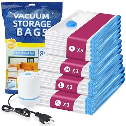 Vakuumbeutel für Kleidung mit Elektrische Luftpumpe, 8 Vacuum Bags for Clothing (2 S, 2 M, 2 L, 2 XL), ideal für die Aufbewahrung von Reisen,Kleidung und Bettdecken