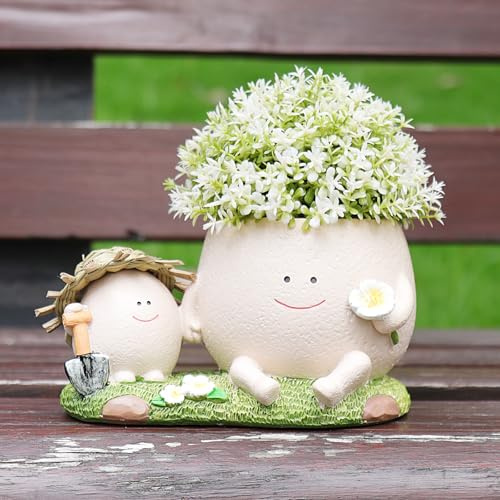 Small Cute Plant Pot Smily Face Planter with Drainage for Indoor Outdoor | Quirky Resin Plant Pots Funny Plant Gifts for Women Teacher Flower Pot with Parent-Child Model, Valentine's Day Gift