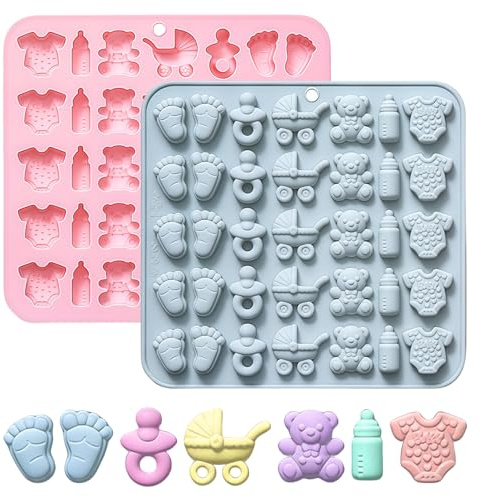 2 Pack Baby Shower Chocolate Molds, Silicone Nonstick Baby Feet Mold Baby Bottle Pacifier Baby Onesie Baby Carriage Bear Baking Molds Ice Cube Trays for DIY Snack Candy Gummy Cakes