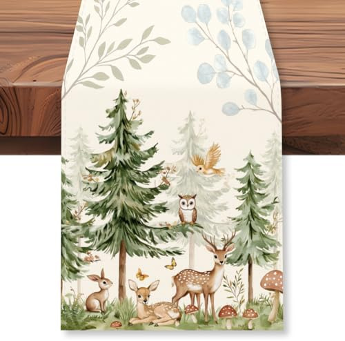 WADORN Tischläufer Mit Waldmotiv Hirsch Hase, Tischläufer Mit Niedlichem Waldtier 33x183cm Dekoration Küche Esstisch Frühling Sommer Saison Bauernhaus Urlaub Für Zuhause Party Rustikale Hütte Drinnen