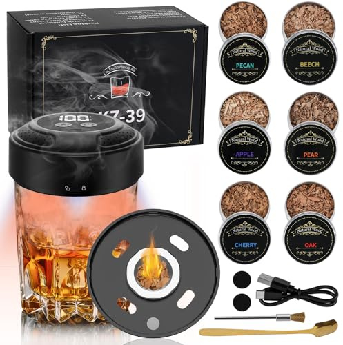 Kit Fumoir à Cocktail Électrique, Kit de Fumeur de Whisky avec 6 Copeaux de Bois, Rechargeable USB-C, sans Flamme ou Butane, Fumeur Cocktail Portable pour Boissons, Cocktails, Vin, Cadeau pour Hommes