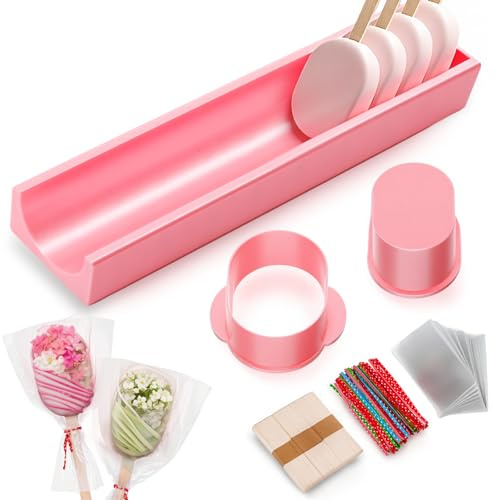 Yiyiring 303 Pcs 1 Set Cakesicle Cutter, Cake Pop Mold, Cake Pop Cutter and Pusher Press Set with Tray 300 Pcs Packaging Accessories, Baking Tools for Home, Birthday, Parties, Wedding Desserts, Pink | Cakesicle Mold Set with 100 Sticks, 100 Bags and 100 Ribbons, Baking Tools for Home Baking, Birthday Party, Wedding Dessert