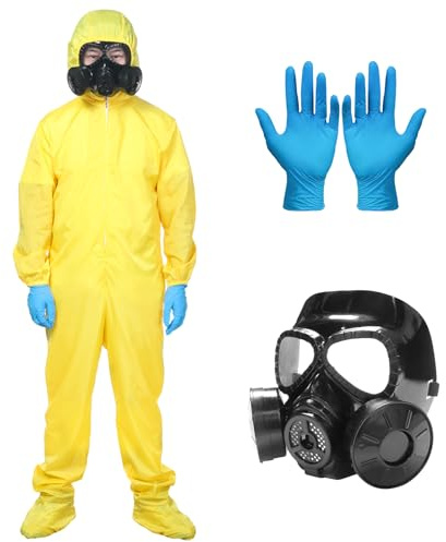 SERTAS Men Yellow Jumpsuit Hazmat Costume Halloween Party Coverall,Gloves,Goggles (XXL)