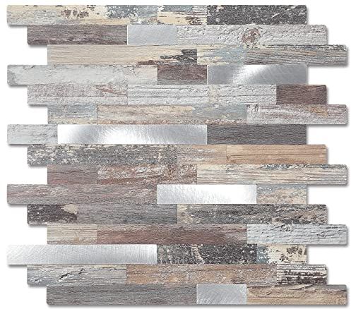 Yipscazo Peel and Stick Wood Metal Tile Backsplash, Stick on Tiles for Backsplash Kitchen, Bathroom, Laundry Room, Camper, Fireplace (12 X 12,10 Sheets in Nature Wood)