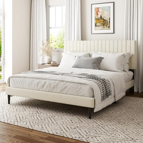 viplov Bett 160 x 200 cm Doppelbett, Polsterbett mit Kopfteil, höhenverstellbarem Kopfteil Bettrahmen mit Lattenrost, geeignet für Schlafzimmer, beige