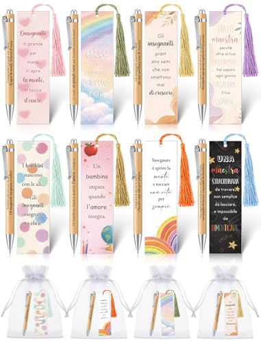 Tenare Set di 24 Regalo Grazie Maestre Fine Anno, Include 8 Penne a Sfera Insegnante, 8 Segnalibri con Nappe e 8 Sacchetti in Organza, Bomboniere Laurea Compleanno Pensionamento(Stile Naturale)