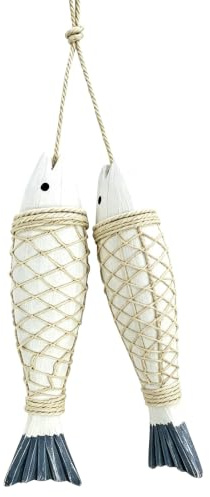 Qaixwuyi Peces de madera para decoración de pared, 2 unidades, 27 cm, azul | Con cuerda, arte de pared temático náutico de playa, estilo mediterráneo