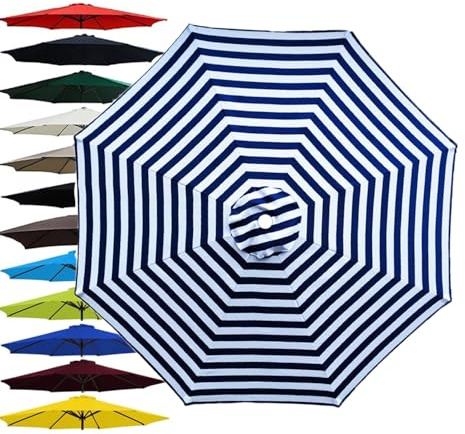 Générique Auvent De Remplacement pour Parasol 2,0/2,3/2,5/2,7m/3/3,5/4,0m, 6 Baleines/8 Baleines Toile De Parasol Déporté Remplacement， Protection UV 50+(Blue-White,(8Rib) 2.7m/8.8ft)