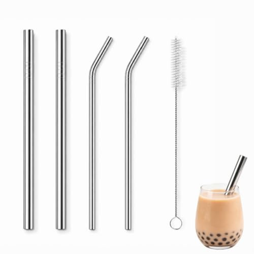 4 Packs Stainless Steel Thick Straws with Brush, Wide Reusable Metal Straws, Smoothie Milkshake Straw, Long Straight & Bent Drinking Boba Straws for Beverages, Cold Drinks (8&12mm Thickness)