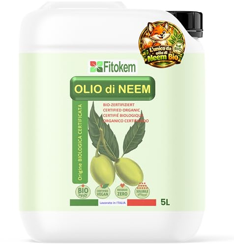 Fitokem Olio di Neem per Piante da Olio di Neem Puro Biologico 5 Litri Concentrato Solubile 100% Naturale per Orto Prato Giardino Anti Afidi Cocciniglia Pidocchi Cimici Bruchi Moscerini Piante
