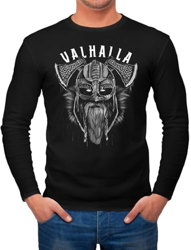 Neverless® Herren Long-Sleeve Valhalla Wikinger Helm Viking Odin Krieger Printshirt Langarm-Shirt Schwarz 3XL