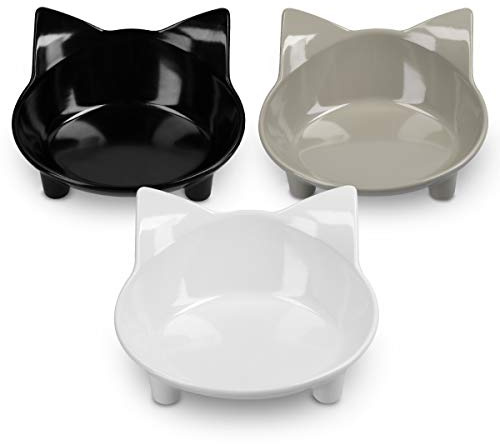 Navaris Set da 3 Ciotole Gatto Rialzate - Ciotola Rialzata per Gatti - per Cibo Secco Umido Acqua - Melamina con Gommini Antiscivolo AntiGraffio - Design Gatto - Nero Grigio Bianco