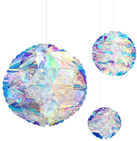 Holografische Waben-Ball hängende Dekoration, glänzende schillernde weiße Folie Decke dekorative Ornament Einhorn Thema Dekorationen zum Dekorieren Fee Frozen Mottoparty