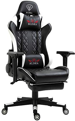 TRISENS Gaming Stuhl mit Fußstütze und ergonomsichen 4D-Armlehnen - Gaming Chair in Sportsitz Optik - Gamer Stuhl mit verstellbaren Rückenstützkissen für gesündere Sitzhaltung, Farbe:Schwarz/Weiß