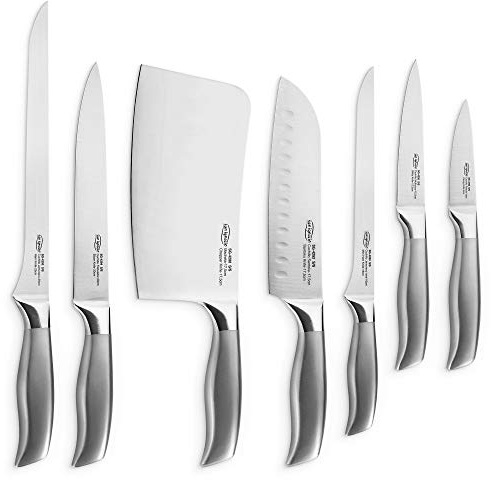 San Ignacio PK2520 Colección Jávea Set de Corte: juego de cuchillos de cocina: Hacha de cocina, Cuchillos Jamoneros de 16 y 25 cm, Fileteador, Asiático, Multiusos y Pelador - acero inoxidable