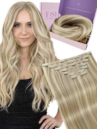 Fshine Clip in Extensions Echthaar Aschblond mit Goldblonden 45 cm 120 g | Hair Extensions Clip in, Schnell einsetzbar, ohne zusätzliche Werkzeuge, Anfängerfreundlich, natürliche Haarintegration