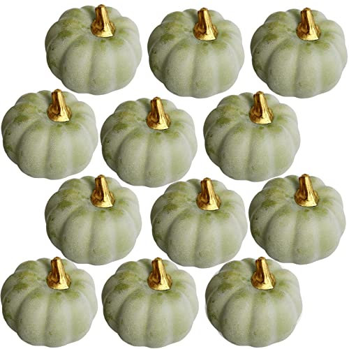 YAAVAAW 12 Decoration Halloween Automne Citrouille Artificielles,Vert Ensemble Fall Decor Citrouille en Mousse Decorative Intérieur Exterieur,Mini Citrouilles pour Table Decoration,Thanksgiving,Noël
