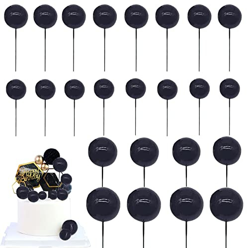 Ball Shaped Cake Insert Toppers Mini Balloon Cake Topper Cupcake Pearl Bubble Balls Gold Silver DIY Decoration for Wedding Anniversary Graduation Birthday Party Baby Shower (Black)