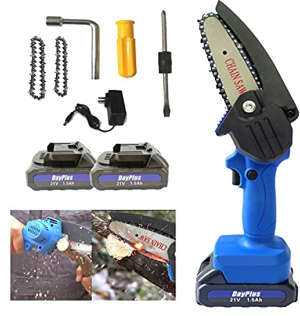 Mini Motosierra Bateria 550W, 4 pulgadas Motosierra Eléctrica Bateria con 2 Baterías y 2 Cadenas Mini Sierra Motosierra Inalámbrica Portátil para Podar Árboles de Jardinería y Cortar Ramas de Madera