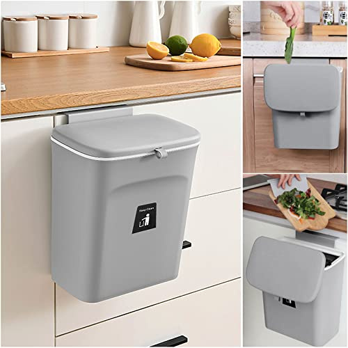 MIVIDE 9L Mülleimer Küche mit Deckel, Hängender Mülleimer Küche, Kleiner Mülleimer mit Deckel Wandmontage für Küche, Tür, Schlafzimmer, Wohnzimmer (Grau)
