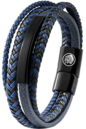 Casisto.J Pulsera Hombre - Pulsera Cuero Hombre Brazalete Trenzado de Varias Capas en Negro y AZUL Ancla Grabado Magnético Corchete, con Cierre magnético