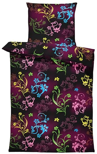 one-home Bettwäsche Mikrofaser Weich Knitterfrei Bettbezug modern I mit Reißverschluss I Sommer und Winter geeignet, Farbe:Blumen schwarz, Größe:2 teilig 155x220 cm