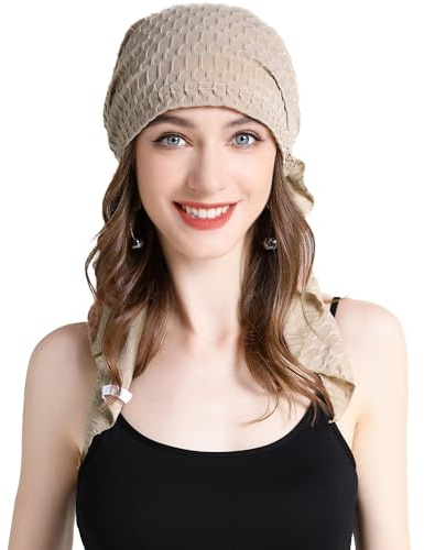 ZLYC Damen Chemo Turban Mütze Vorgebundenes Kopftuch Headwraps Leichte Hut(Waffel Khaki),Einheitsgröße