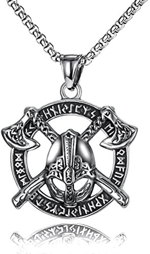 YAHOYA Viking Runes Warrior Helmet Round Pendant Necklace for Men Battle Warrior Axe Logo Pendant Rope Chain Retro Jewelry